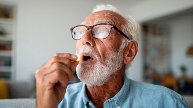 Older man smoking, eating snack, indoors - Powered by Adobe
