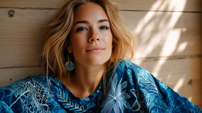 A young Caucasian woman with wavy blonde hair poses in a blue botanical print top. She has earrings and a serene expression, with soft light illuminating her face.