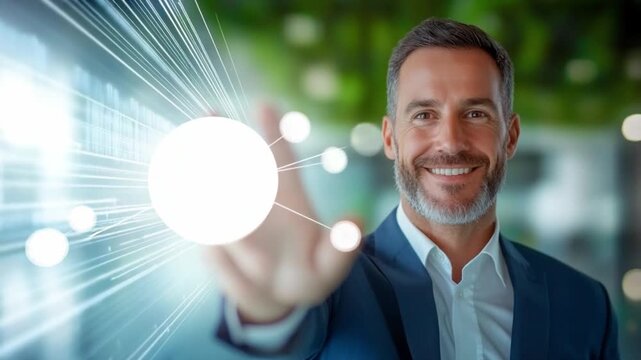 Visionary Interaction: A focused individual confidently engages with a futuristic digital interface, symbolizing innovation and technological advancement.