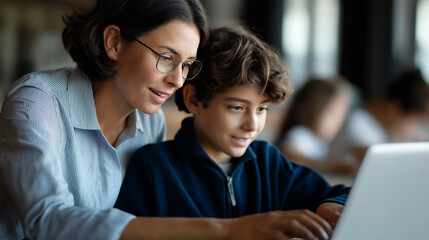 Female educator helping youngster with laptop in classroom faceless teacher boy defocused school background both content at learning technology education scene academic