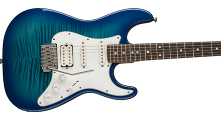 A vibrant blue electric guitar with a white pickguard is displayed against a clean white background.
