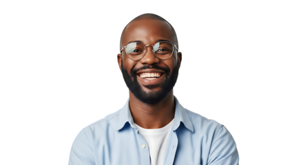 A smiling man wearing glasses and a light blue shirt poses for a studio portrait.