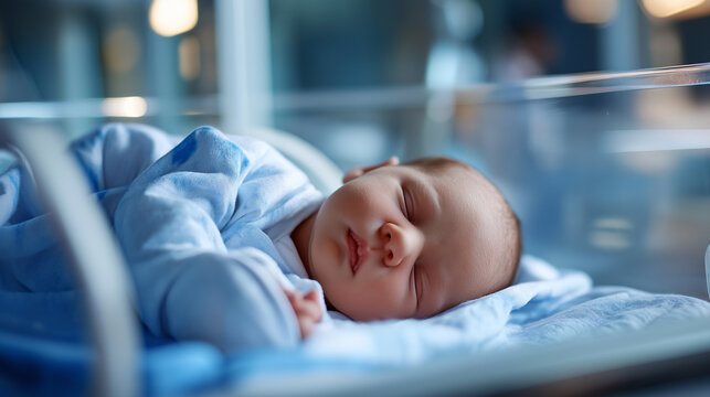 Newborn infant resting peacefully in medical incubator faceless baby defocused hospital background precious sleeps soundly inside protective equipment receiving care setting