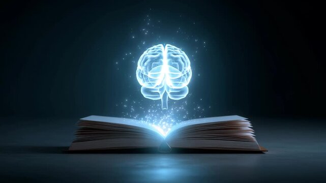 Digital glowing brain emerging from open book symbolizing futuristic learning and knowledge innovation