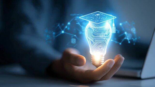 Digital education lightbulb with glowing circuit lines and technology graduation concept