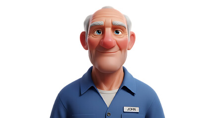 Cartoon rendering of an older man with a name tag wearing a blue shirt on a black background