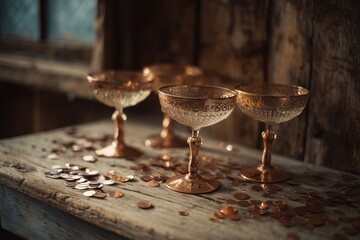 Vintage champagne glasses on weathered wooden table, scattered rose gold confetti, soft focus bokeh background