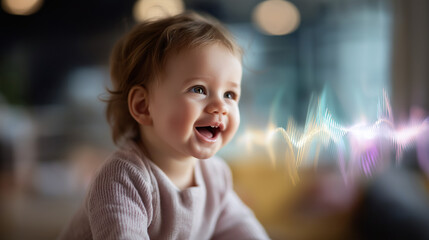 Joyful infant speaking with colorful sound waves emanating faceless baby defocused background illustration shows happy expression communicating ideas promoting learning develop