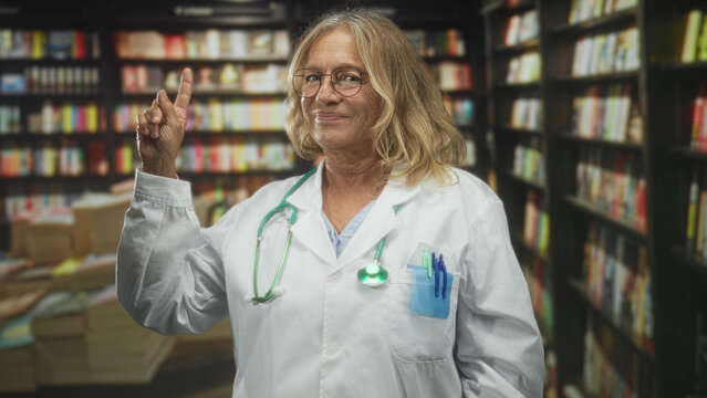 Senior woman doctor points finger with stethoscope and pens visible in white lab coat in bookstore; guidance.