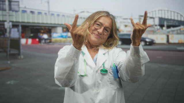 Senior woman doctor in white coat with stethoscope shows rock horns with both hands on street; playful defiance.