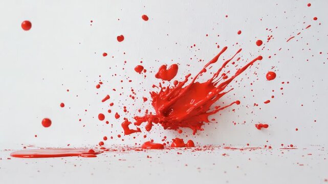 A vibrant red paint splatter on a clean white surface