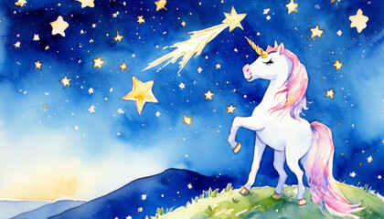 Watercolor unicorn watching shooting stars from a hill, childrens book illustration style