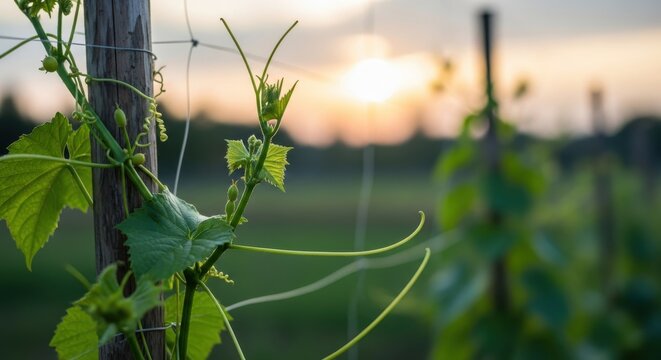 Young grapevines on trellis at golden sunset, growing season - Powered by Adobe