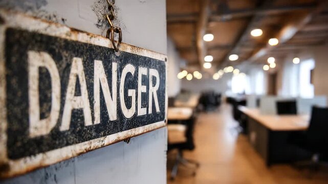 Warning sign hangs in a modern office space with blurred workstations during daylight hours