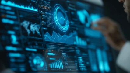 Interactive digital dashboard with futuristic data charts and glowing UI analytics interface - Powered by Adobe