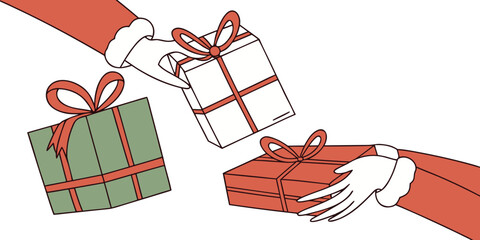 Hands wearing white gloves and red sleeves exchange gift-wrapped presents with red ribbons on a white background, symbolizing giving.