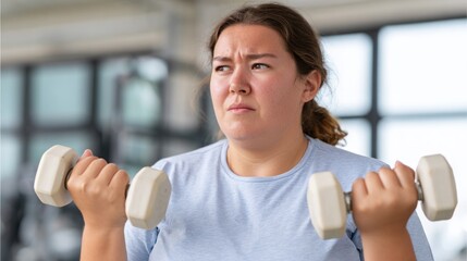 Woman lifting weights in gym.
