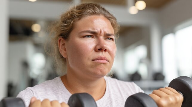 Woman lifting weights in gym. - Powered by Adobe