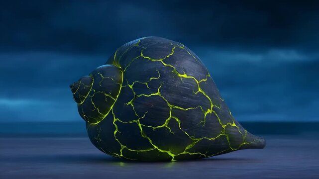 Shell with glowing cracks under a stormy sky during a thunderstorm at twilight