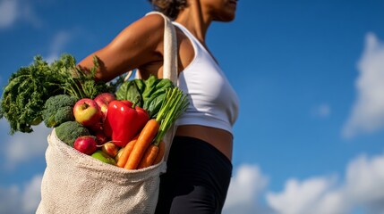 Woman carrying bag of vegetables at market.