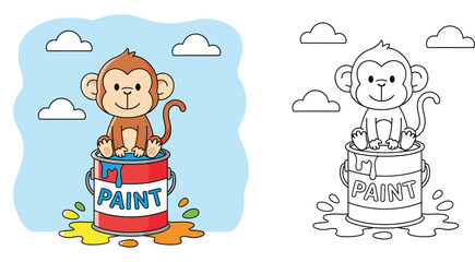 Cute Cartoon Monkey Sitting on Red Paint Can. Happy Animal Character with Colorful Splashes on Blue Sky Background for Kids Art Design Vector Illustration.