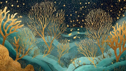 Abstract artistic ocean landscape with golden trees and fish illustration