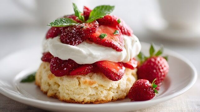 Freshly prepared biscuit topped with whipped cream and ripe strawberries sits on a white plate