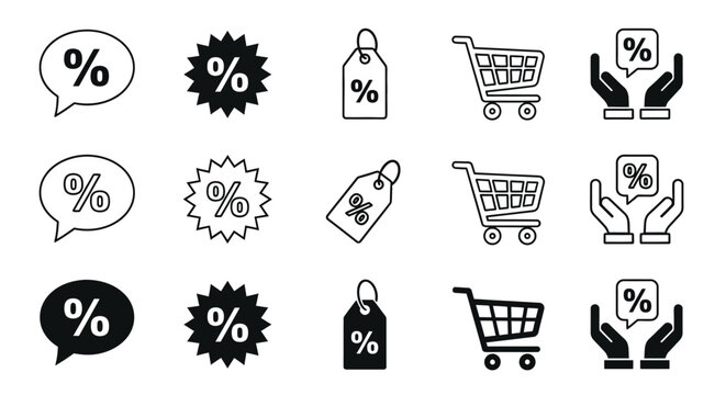 Set of Discount and Sale Percentage Icons – Promo Tags and Shopping Symbols