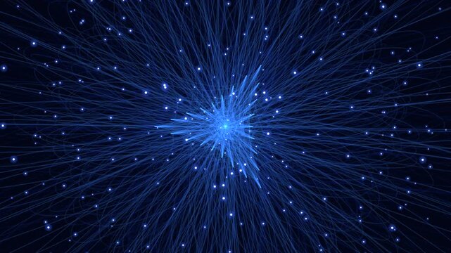 A digital illustration featuring a vibrant blue lightning bolt against a dark background, made of numerous glowing lines. Simple, striking, and mysterious