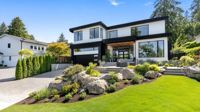 Modern house with striking architecture and lush landscaping in a sunny suburban neighborhood