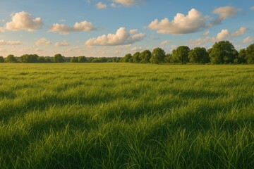 Obraz premium A serene landscape featuring a lush green field under a blue sky with fluffy white clouds, bordered by trees in the distance.