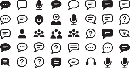 Glyph Style Chat and Audio Icons Set of Voice Recording Mics Message Bubbles and Team Symbols in Black