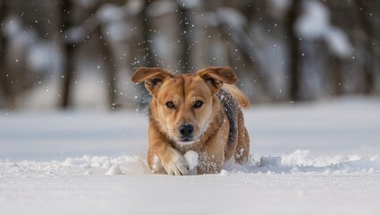White-and-red dog with a black spot leaps through snowy landscape, snow flying under paws, illustrating winter dog walking, active outdoor play, energy and freedom