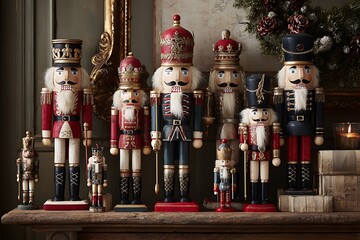 A collection of nutcrackers of different sizes standing guard on a mantelpiece or side table, dressed in festive uniforms 