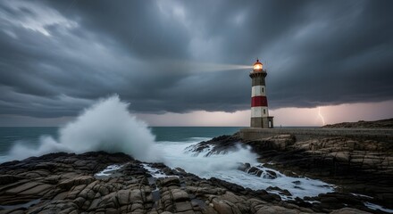 Dramatic lighthouse scene with crashing waves and stormy sky