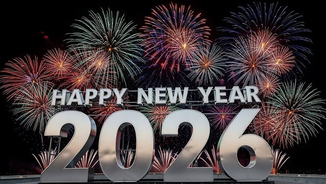 Spectacular fireworks display illuminating Happy New Year 2026, creating a vibrant festive atmosphere for celebrations and joyous beginnings - Powered by Adobe