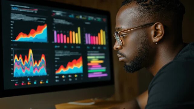 Closeup of a professional analyzing visual graphs and ratings on a screen focusing on customer sentiment trends and data insights.