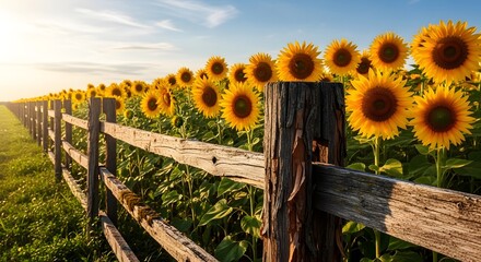 Sunflowers along a rustic wooden fence in the countryside