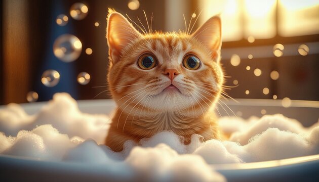 Cute cat enjoys a bubble bath with a foam crown in a cozy bathroom setting at home during the evening