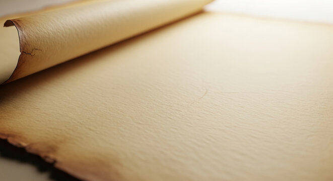 Close-up of parchment paper with a curled edge, suggesting age, history, and vintage appeal, suitable for manuscript or announcement concepts