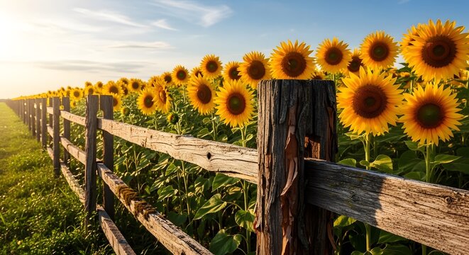 Sunflowers along a rustic wooden fence in the countryside - Powered by Adobe