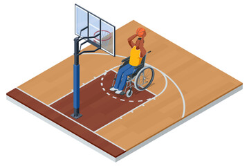 Isometric illustration of a wheelchair basketball player in a yellow uniform preparing to shoot the ball toward the hoop on an indoor court. Inclusive adaptive sports concept.