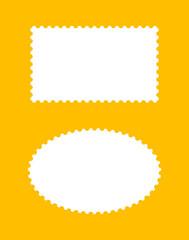 Postage stamp template frames. Backdrops for postcards, letters, empty borders, Circle or oval blank vintage stamps. Label, coupons, tags, boxes with curvy, wavy, wiggly perforated edges.