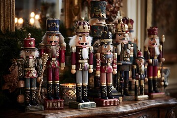 A collection of nutcrackers of different sizes standing guard on a mantelpiece or side table, dressed in festive uniforms 