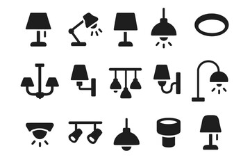 Various black silhouette icons of lamps and lighting fixtures