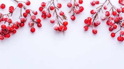 A beautiful arrangement of frosted red berries on branches against a clean, white background, evoking a winter or festive atmosphere.