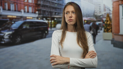 Woman with arms crossed on busy city street wearing a white shirt and ring, steady gaze toward camera, long red hair and freckles visible; quiet determination.