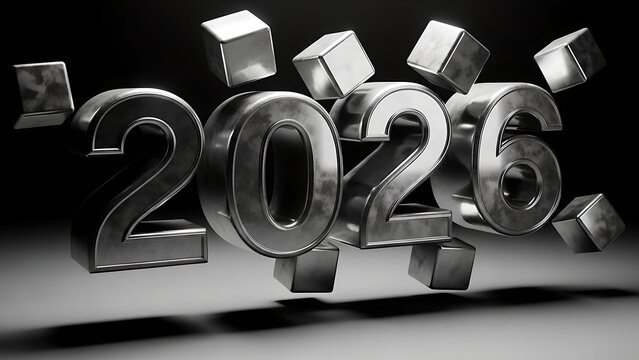 Celebrate the New Year with Shining Chrome Numbers 2026 and Floating Metallic Cubes in Elegant Modern Style, Perfect for Announcements and Festive Designs - Powered by Adobe