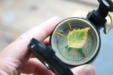 Hand holding a compass with an autumn leaf.