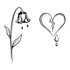 broken hand and flower dry dead spiritless plant silhouette set